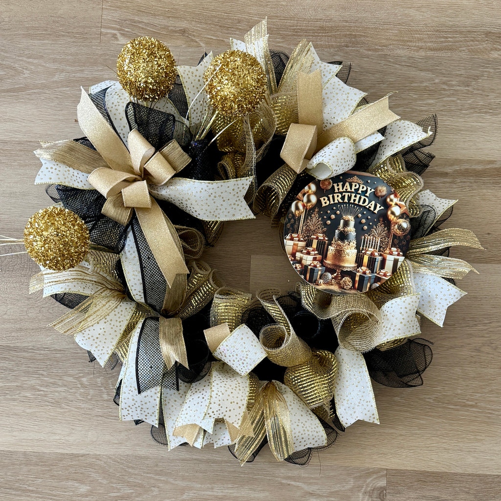 Black & Gold Happy Birthday Wreath image 0
