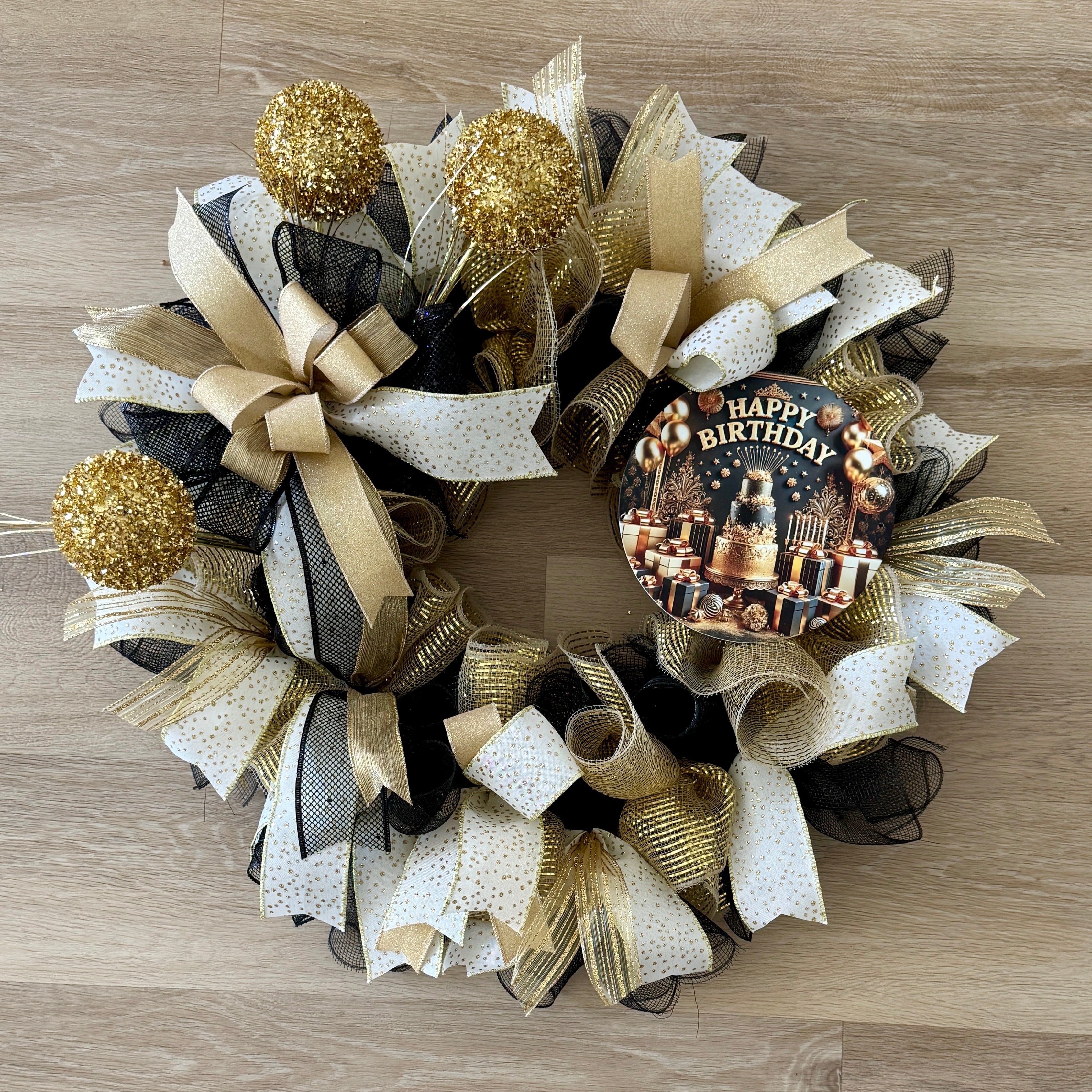 Black & Gold Happy Birthday Wreath image 0