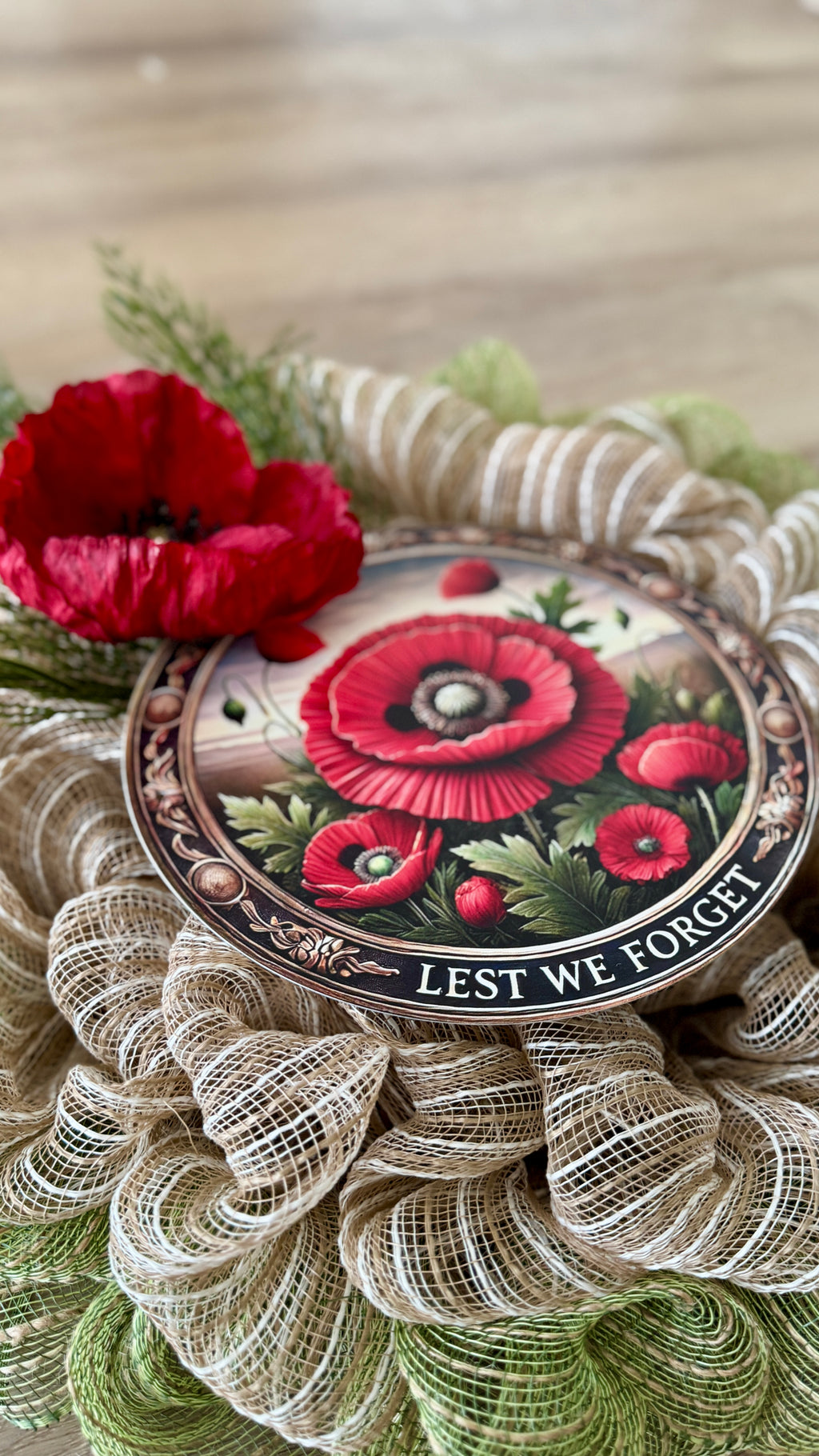 Anzac Day "Lest We Forget" Green & Natural Small Wreath image 3