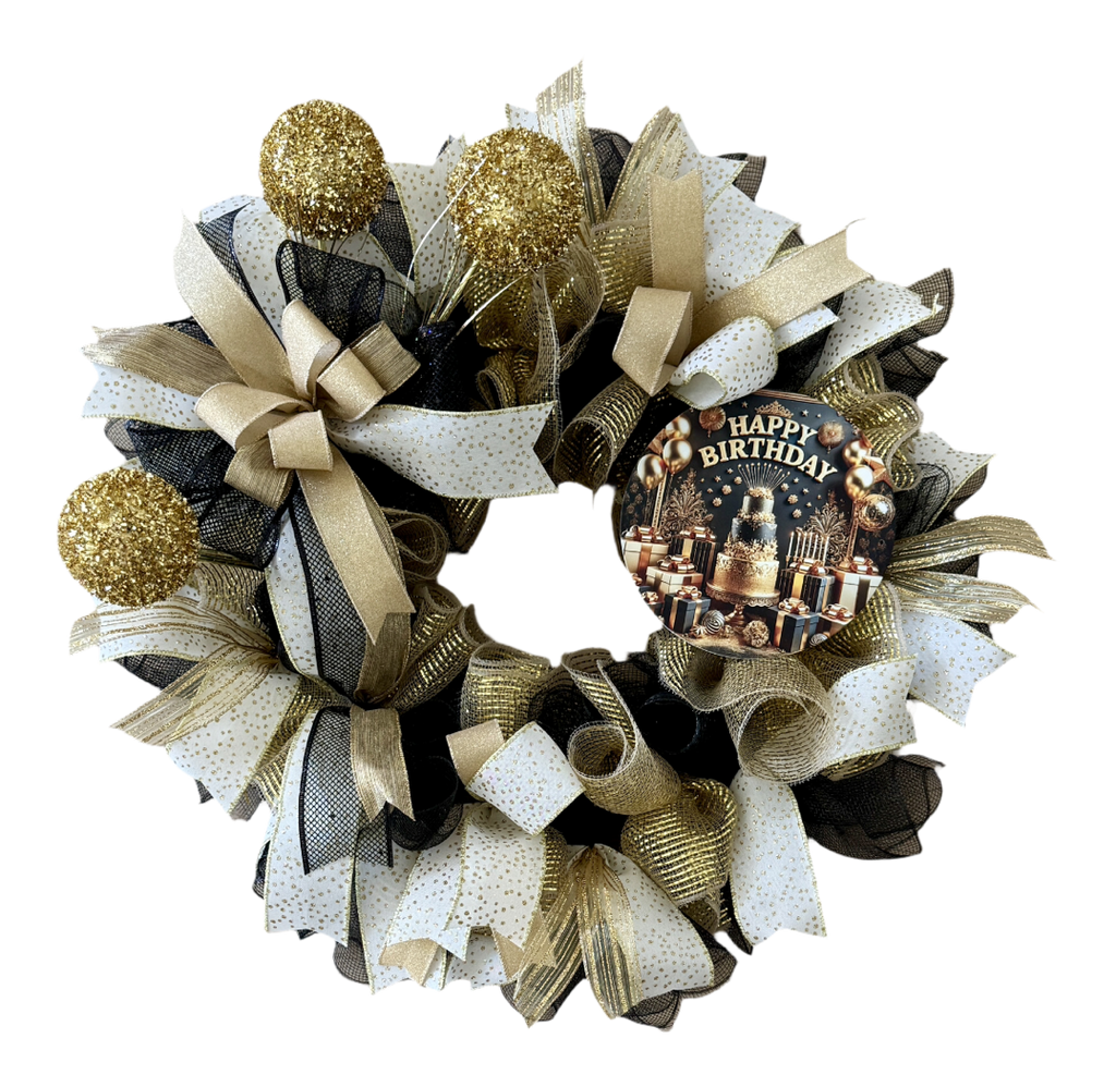Black & Gold Happy Birthday Wreath image 2