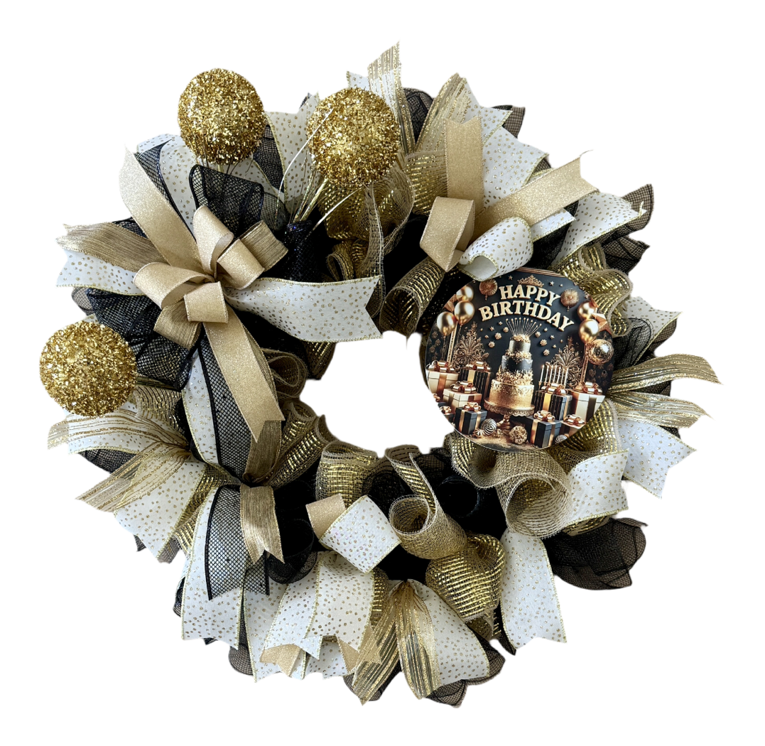 Black & Gold Happy Birthday Wreath image 2