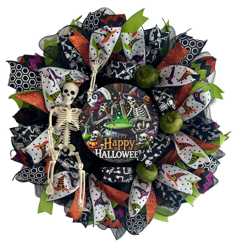 Happy Halloween Skeleton Cauldron Wreath