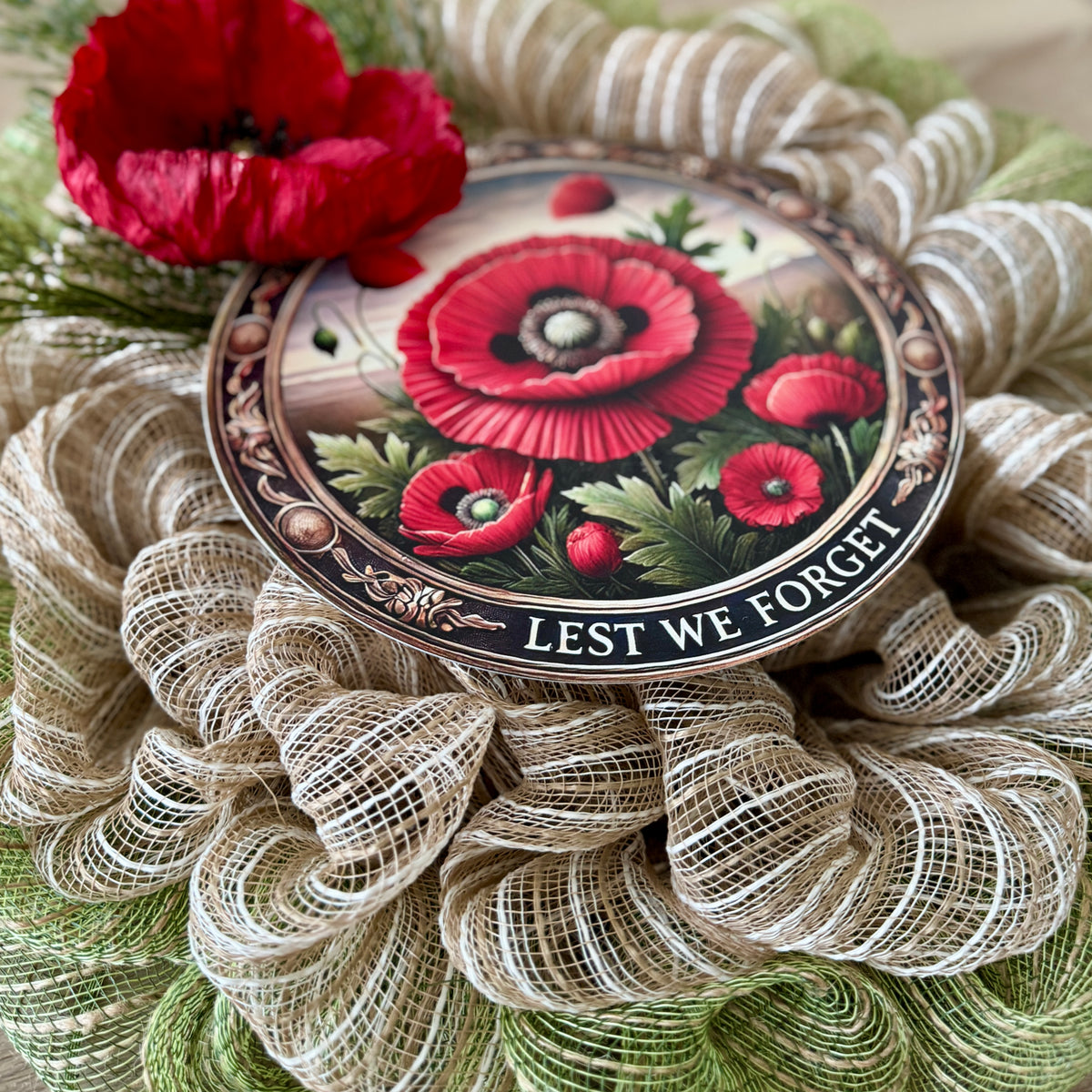 Anzac Day "Lest We Forget" Green & Natural Wreath