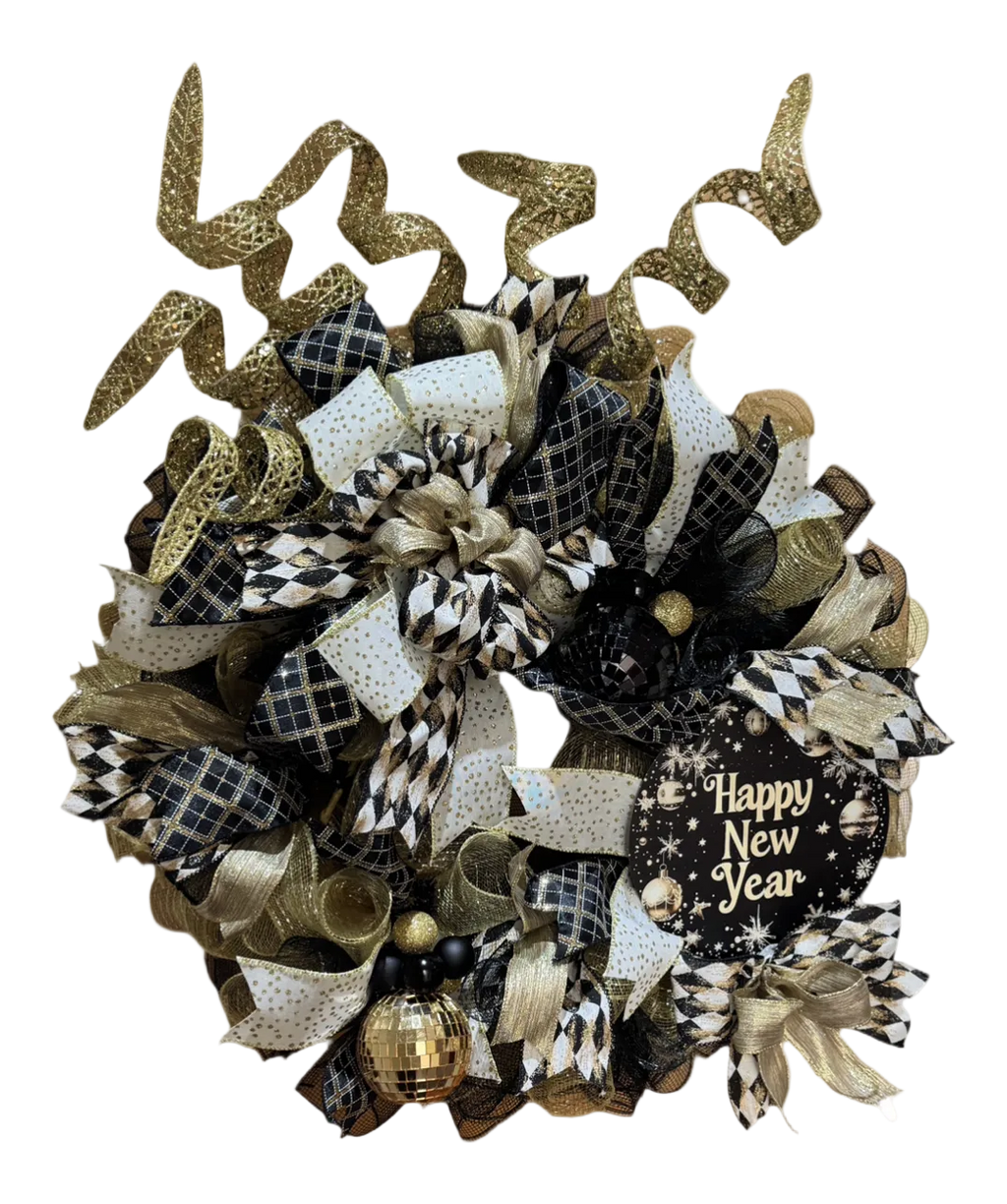 Black & Gold Happy New Year Wreath
